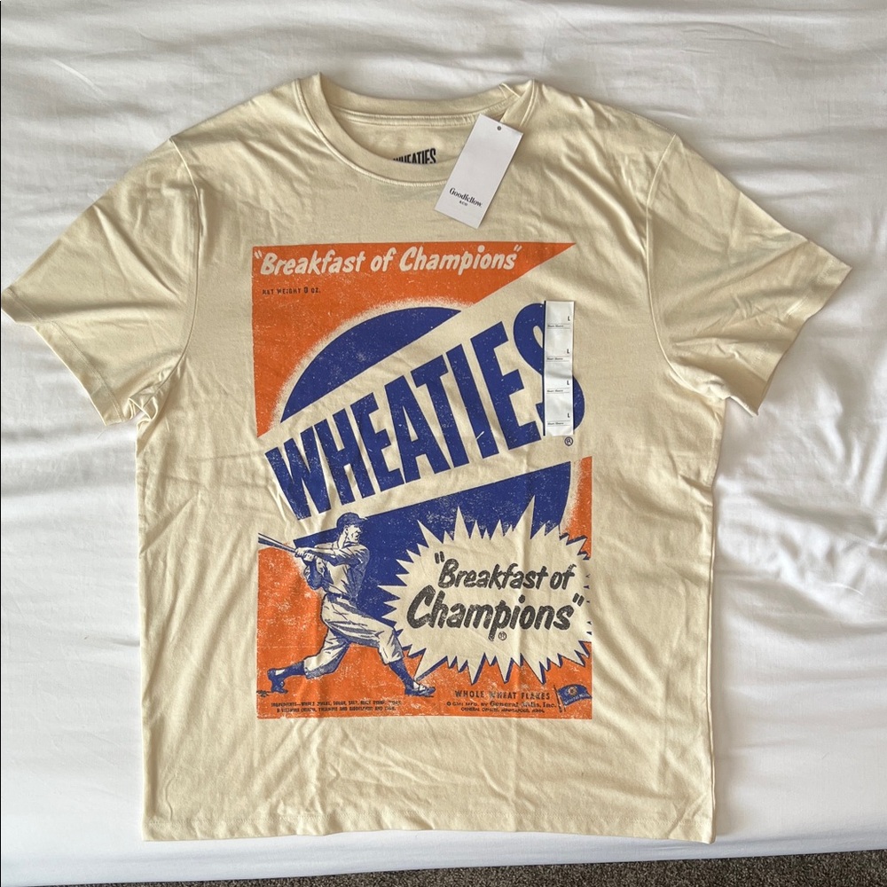 Goodfellow & Co Cream Wheaties Graphic Tee with Blue & Orange Print